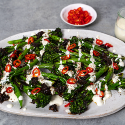 BBQ Broccoli With Balsamic Black Garlic & Preserved Lemon Yogurt Dressing