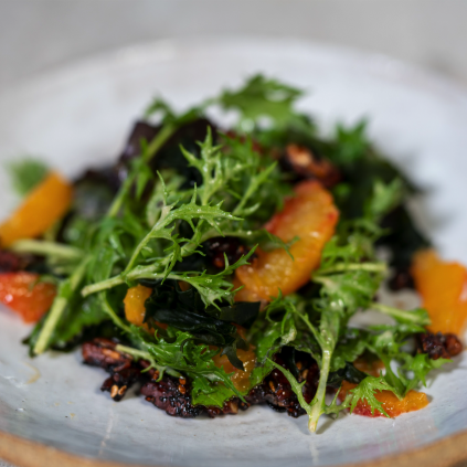 Asian Greens With A Miso Tahini Dressing And Maple Pecans
