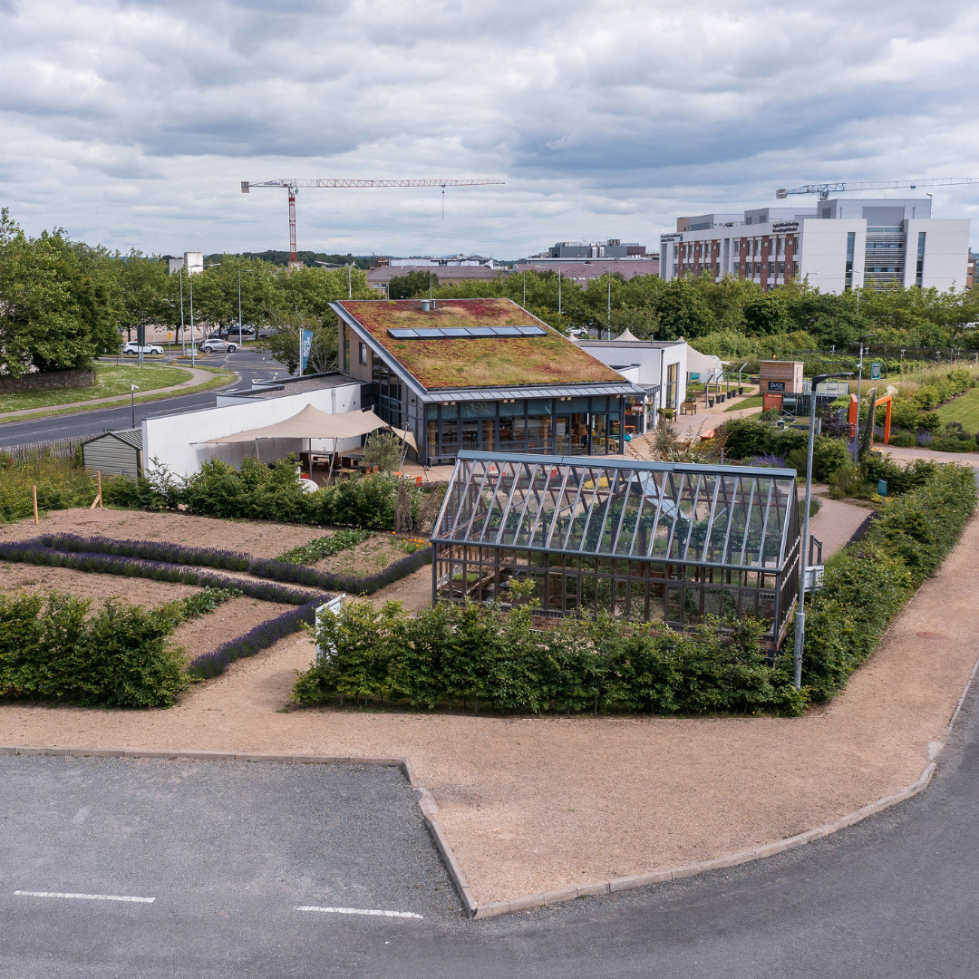 Green roofed building with garden and pathways in a urban setting