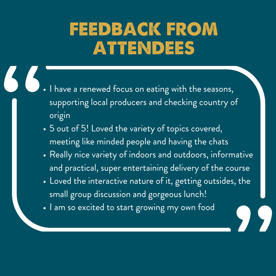 A teal graphic with the headline 'FEEDBACK FROM ATTENDEES' in yellow text and a large white quote border around several attendee testimonials written in white text.
