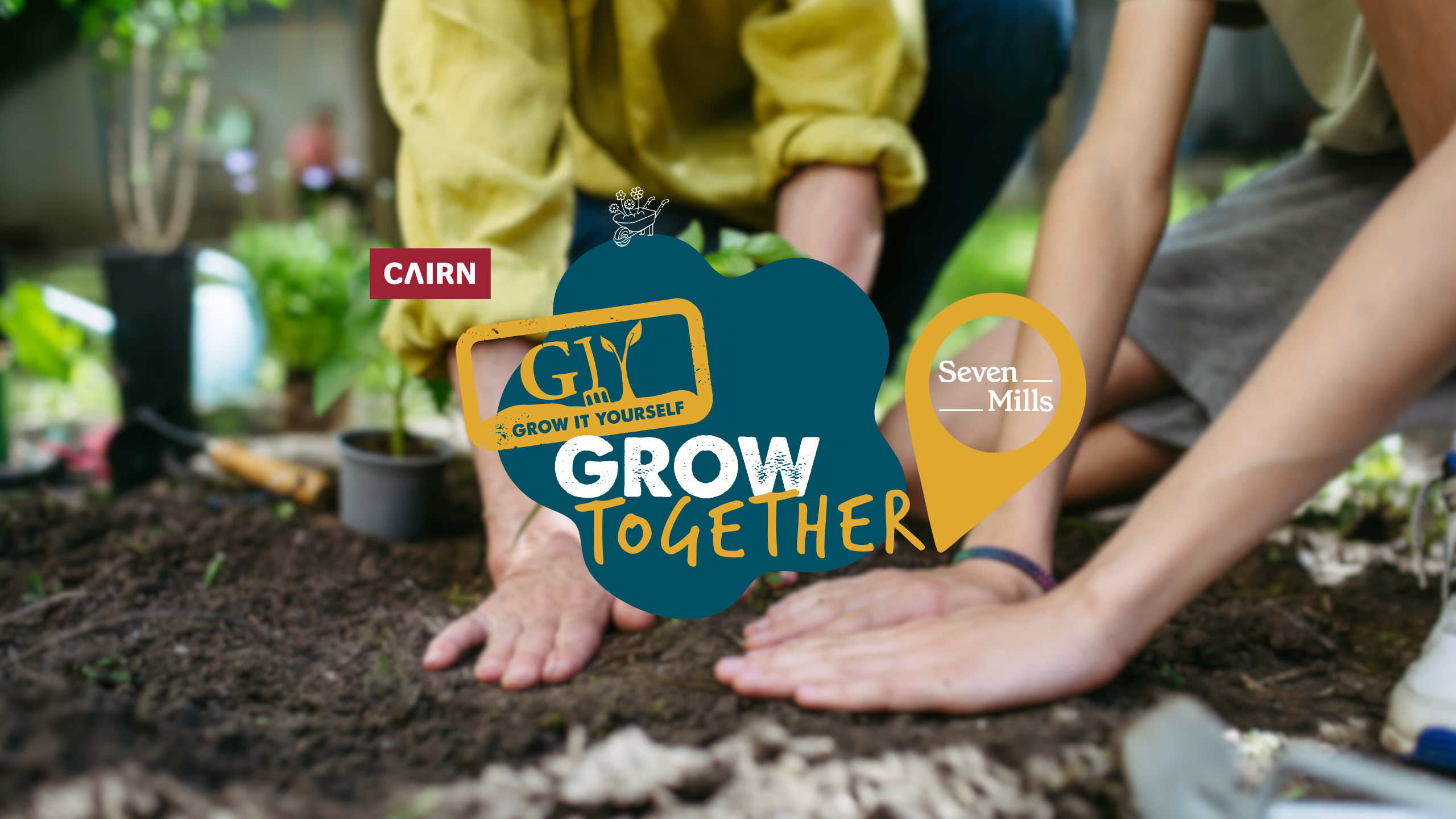 People planting a seedling with 'Grow Together' logo and brand names visible.